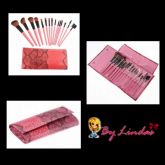 Kit de Pincéis Profissionais - 15 pçs + capa de couro rosa